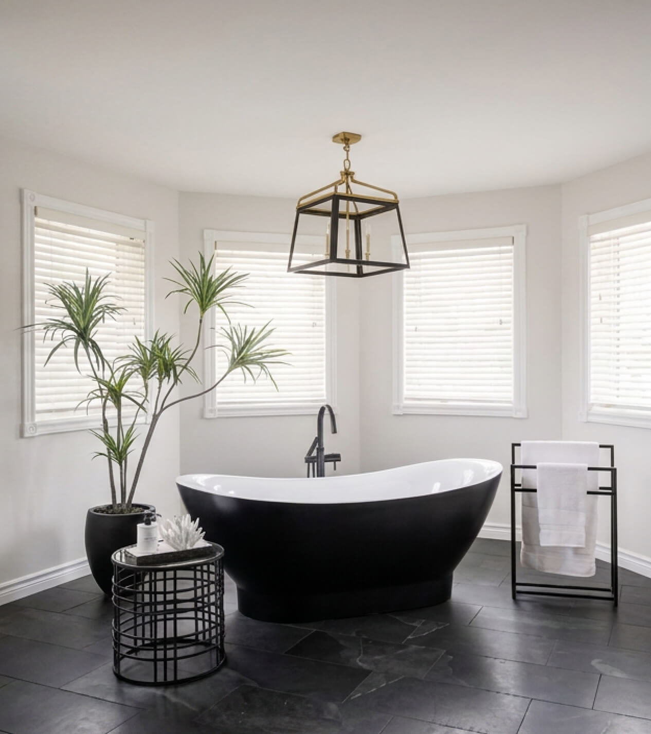 Luxury bathroom renovation featuring a black freestanding soaking tub, gold geometric pendant light, and tropical plant by Odyssey Custom Contracting
